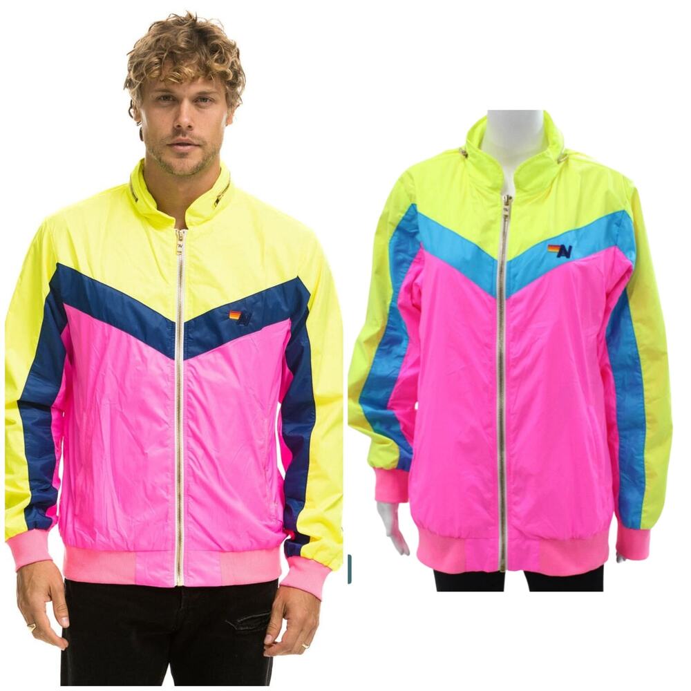 Aviator Nation Neon Pink Windbreaker Jacket Retro Surf Colorblock‎ Men Large